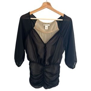 Arden B Womens Y2K Black Sheer Ruched Top Size XS Whimsigoth Boho 90s Romantic